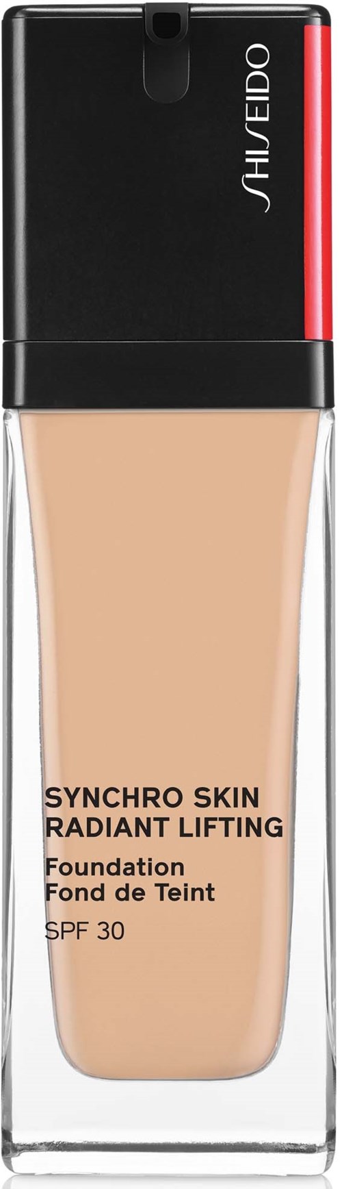 Meikkivoidesäiliö, jossa musta korkki, vaaleanbeige neste, punainen ja musta korostus, nimeltä 'Synchro Skin Radiant Lifting.'