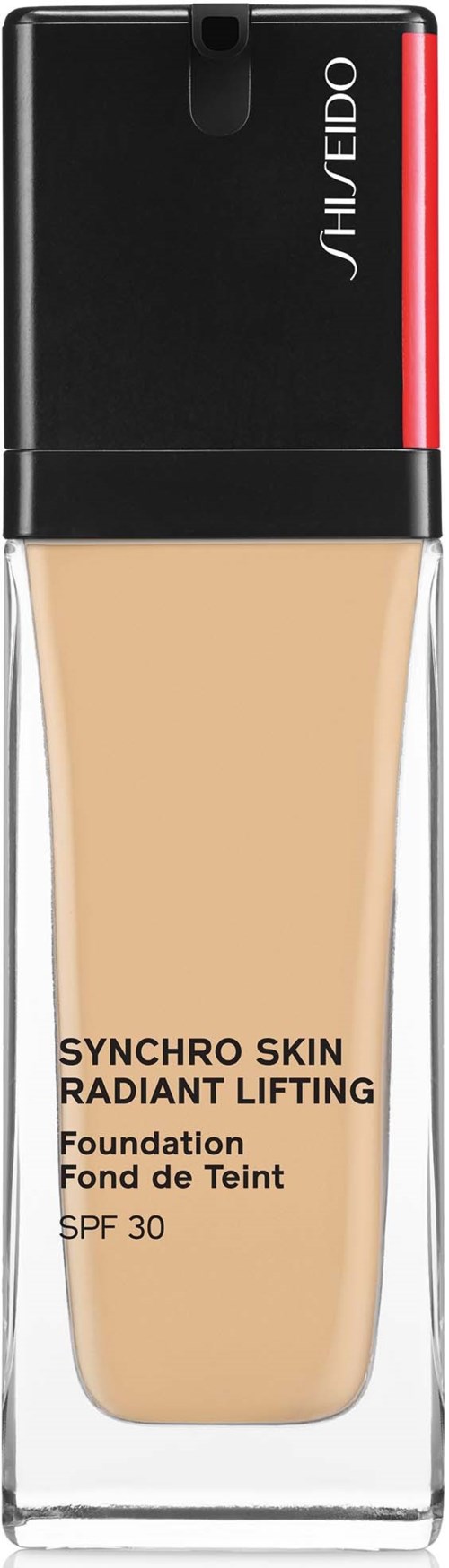 Shiseido-tuotteen nestemäinen meikkipullo, jossa SPF 30, nimeltä Synchro Skin Radiant Lifting, mustassa ja läpinäkyvässä pakkauksessa.