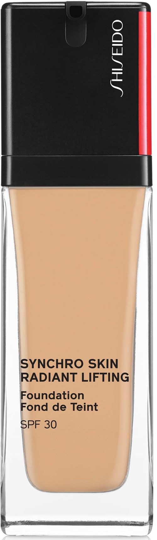 Sävyvoideputki merkinnällä 'Synchro Skin Radiant Lifting' ja SPF 30, musta ja punainen korkki, ja beige neste sisältä.