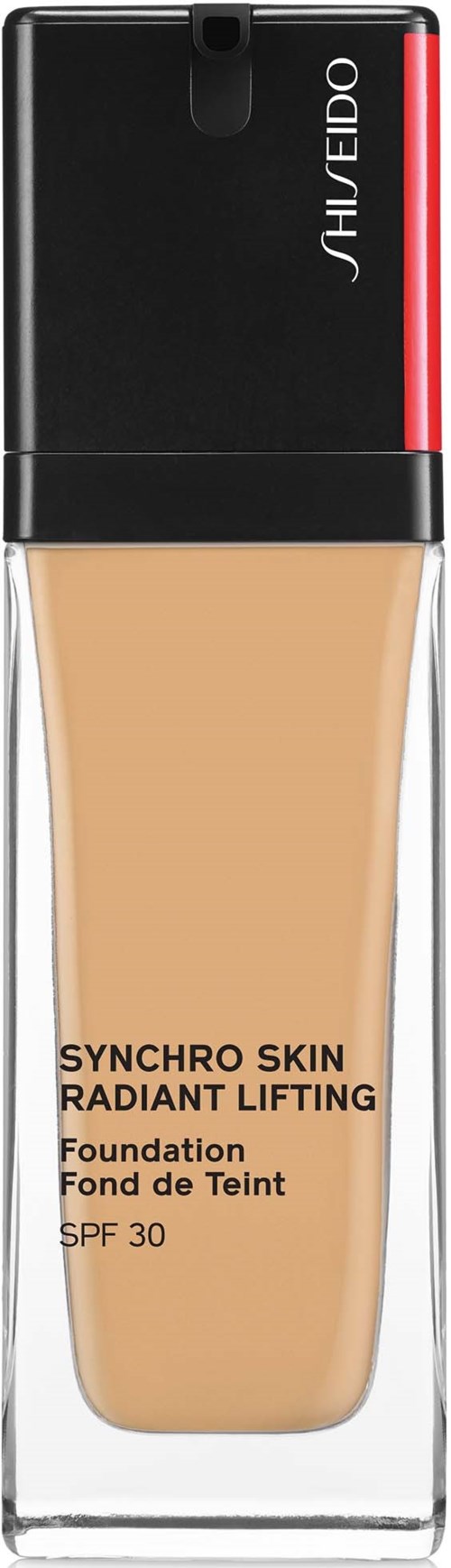 Huulipastavalmisteen näköinen meikkipullo, jossa musta, punainen ja läpinäkyvä pakkaus, merkintä "Synchro Skin Radiant Lifting," SPF 30.