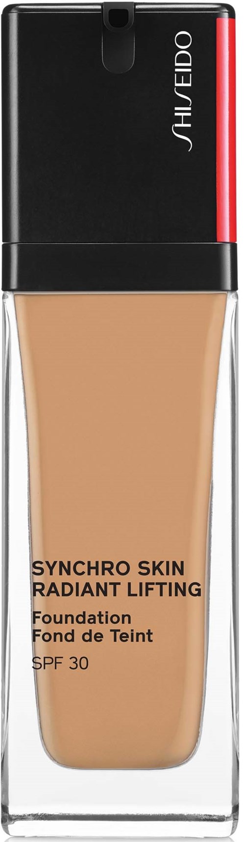Sävyttävässä pullo, jossa musta ja punainen kansi, etiketti 'Synchro Skin Radiant Lifting', SPF 30.