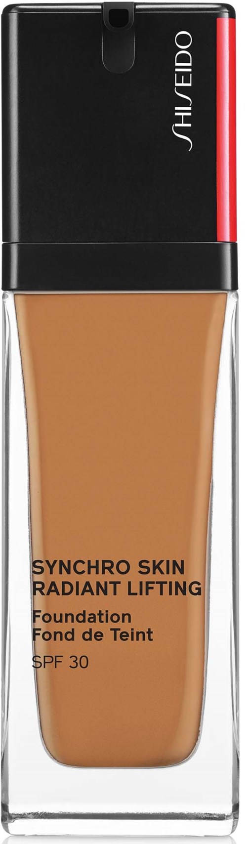 Meikkipullon, jossa musta ja punainen korkki, beige neste sisältä, nimeltään "Synchro Skin Radiant Lifting", SPF 30.