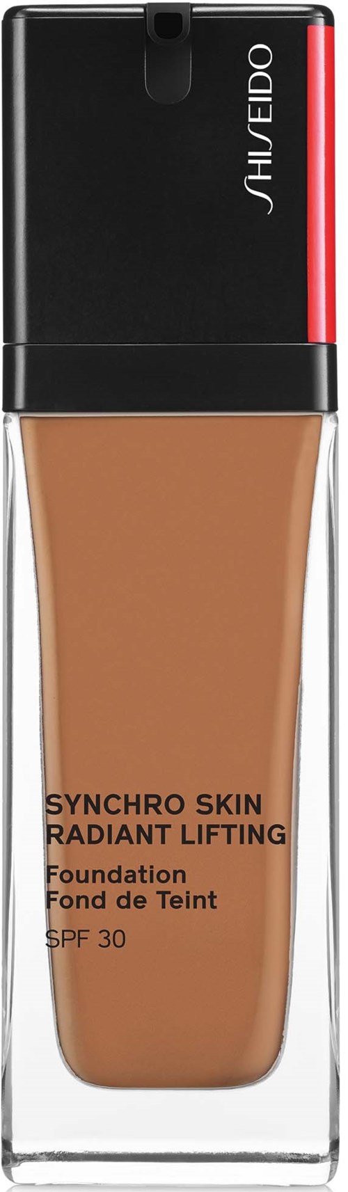 Meikkivoidepullo, jossa musta, punainen ja läpinäkyvä kansi, sisältää beigestä nesteitä, merkintä 'Synchro Skin Radiant Lifting'.