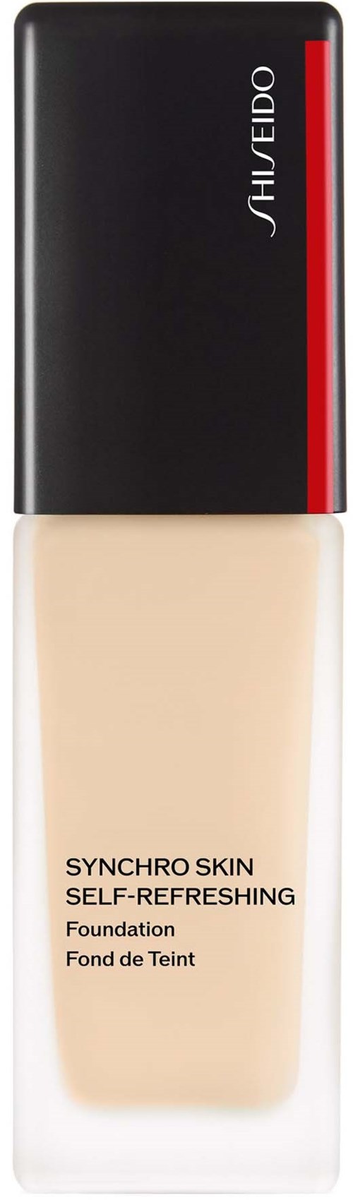 En flaska foundation med svart lock och beige vätska inuti. Shiseido-logotyp syns på locket.