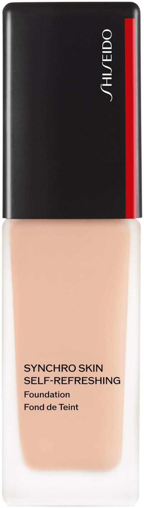 Shiseido-logotyp på en beige foundationflaska med svart och röd lock. Foundations märkt som Synchro Skin Self-Refreshing.