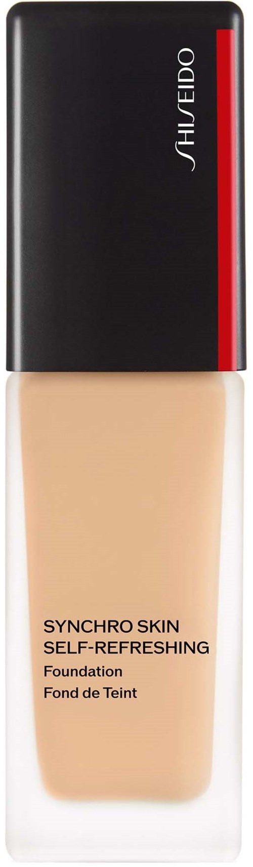 En flaska foundation med svart, röd och vit förpackning från Shiseido, märkt 'Synchro Skin Self-Refreshing'.