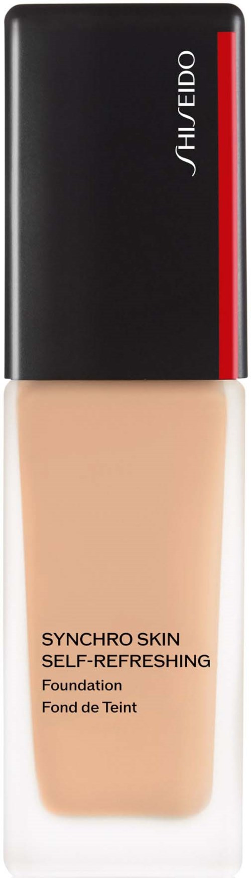En flaska foundation från Shiseido, märkt Synchro Skin Self-Refreshing, svart lock och beige bas.
