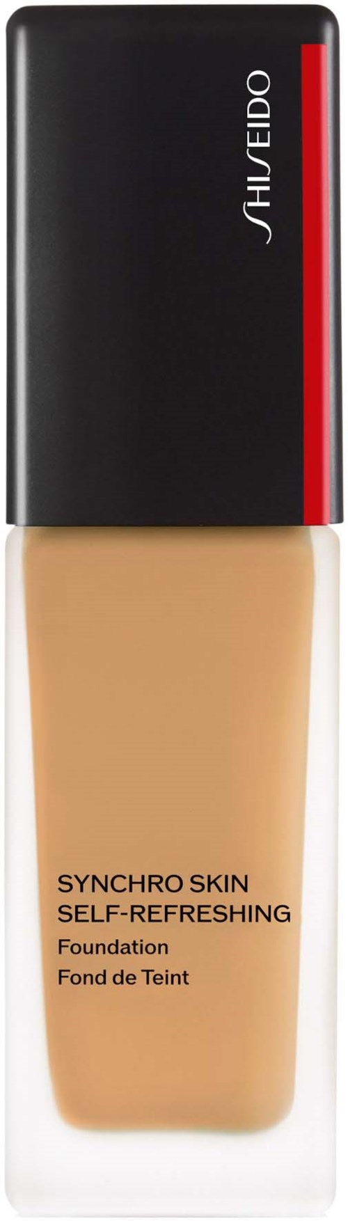 Een fles foundation van Shiseido, beige kleur, met zwarte en rode dop, gemarkeerd "Synchro Skin Self-Refreshing."