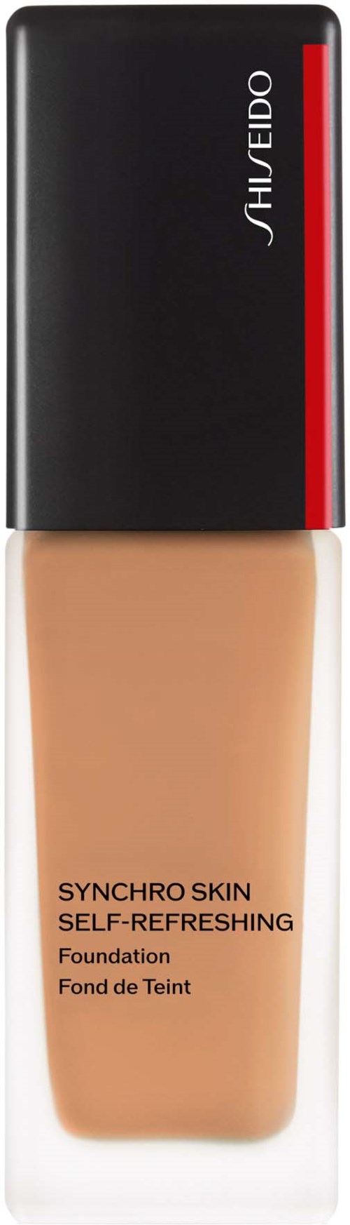 En foundationflaska med svart lock, röd och vit detalj och märkt 'Synchro Skin Self-Refreshing'.