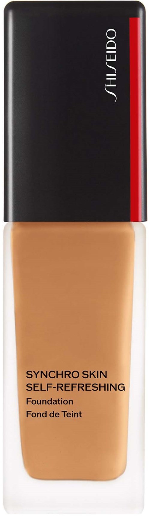 En flaska foundation med svart lock, röd linje och beige vätska, märkt 'SYNCHRO SKIN SELF-REFRESHING' av Shiseido.