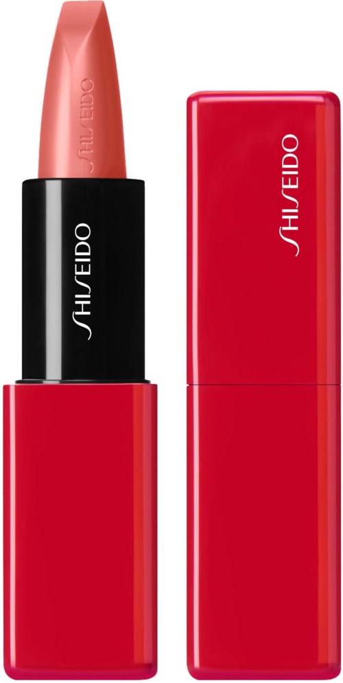 A shimmery pink lipstick in a black and red case, with the cap removed showing the lipstick.
