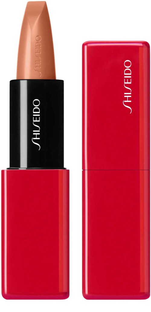 A lipstick with a red case and a beige color inside, standing upright next to a matching red cap.
