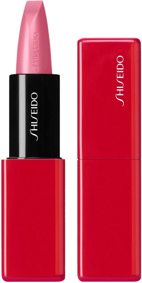 Ett rosa läppstift i en svart- och röd behållare med varumärket Shiseido. Läppstiftet är delvis utökat.