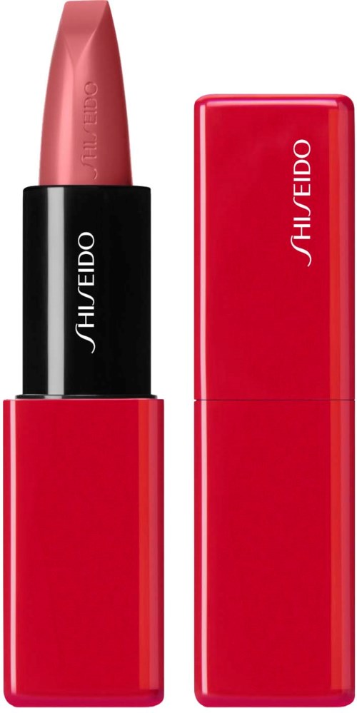 A red lipstick with a black band and white brand name, Shiseido, next to its matching rectangular case.