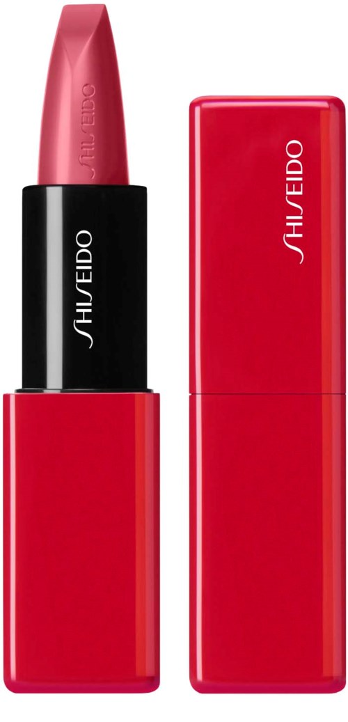 Red lipstick in a black and red tube with the brand name Shiseido on it.