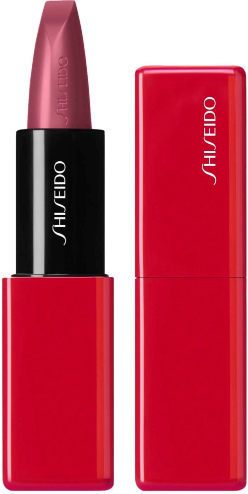A lipstick in a black and pink case with a red box, both labeled Shiseido.