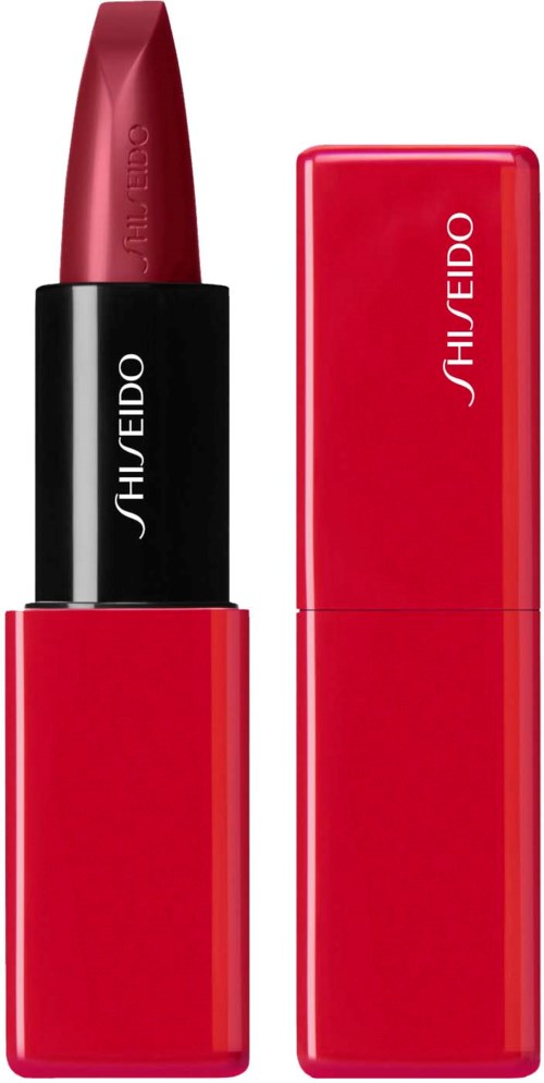 A red lipstick in a black and red case with the brand name Shiseido printed on it.