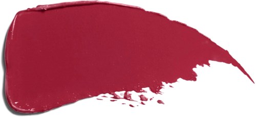 A bold, red lipstick smear with a curved edge on a white background.