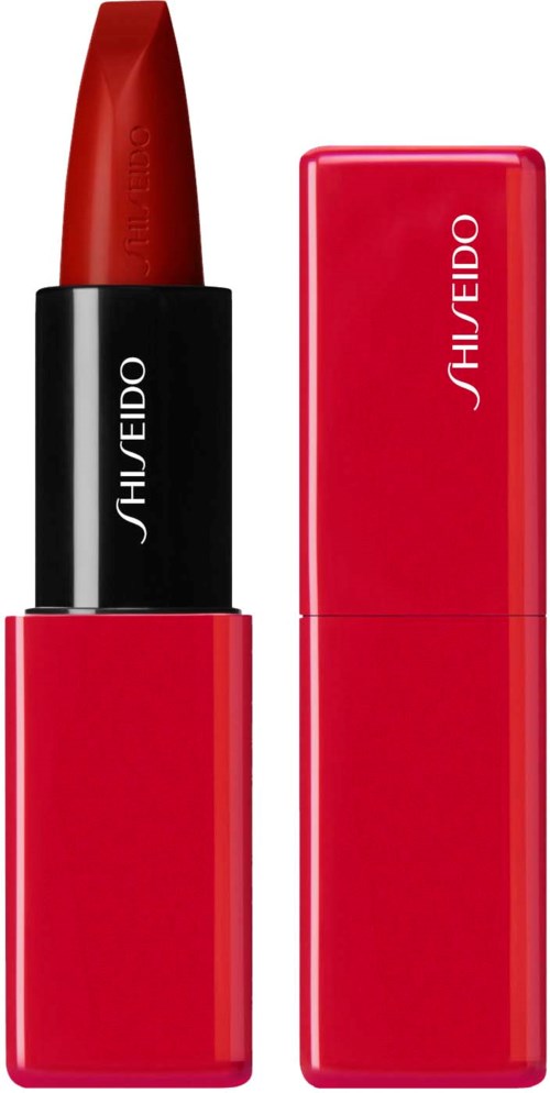 Red lipstick in a sleek black and red case, with the brand Shiseido visible on the packaging.