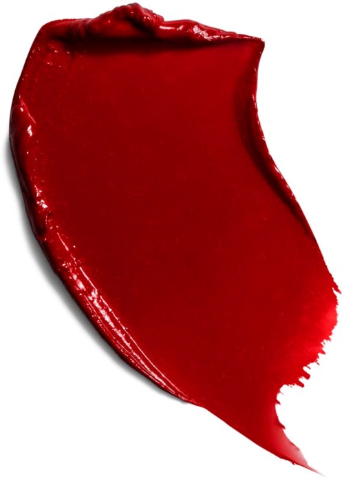 A thick red paint stroke on a white background, with a shiny, smooth surface and uneven edges.