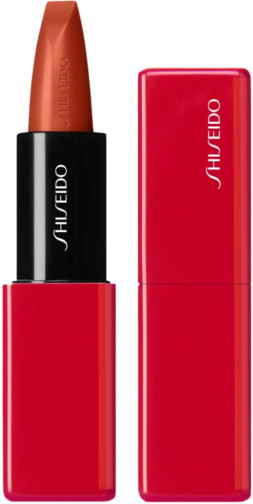 A lipstick with a black and red casing, the cap is off showing the lipstick. The brand name Shiseido is on both.