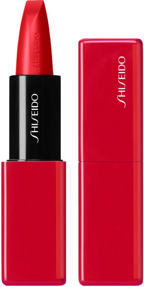 A red lipstick in a black and red case, with the brand name Shiseido on the case.