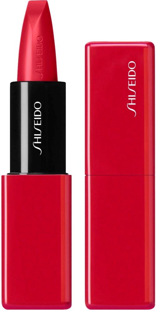 A red lipstick with a black label and a red cap next to a matching red lipstick box.