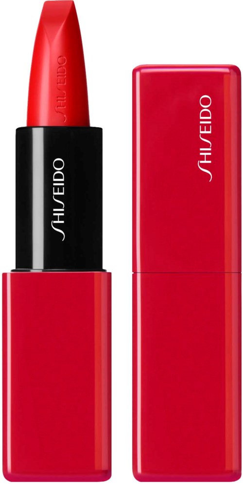Red lipstick with a black band and Shiseido logo, alongside its matching red case.