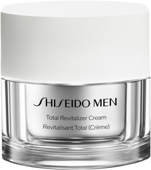 A jar of Shiseido Men Total Revitalizer Cream with a white lid and silver container.