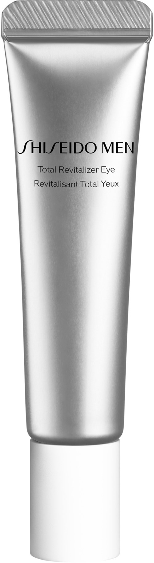 En silver tub med vit lock, märkt 'SHISEIDO MEN' och 'Total Revitalizer Eye'.