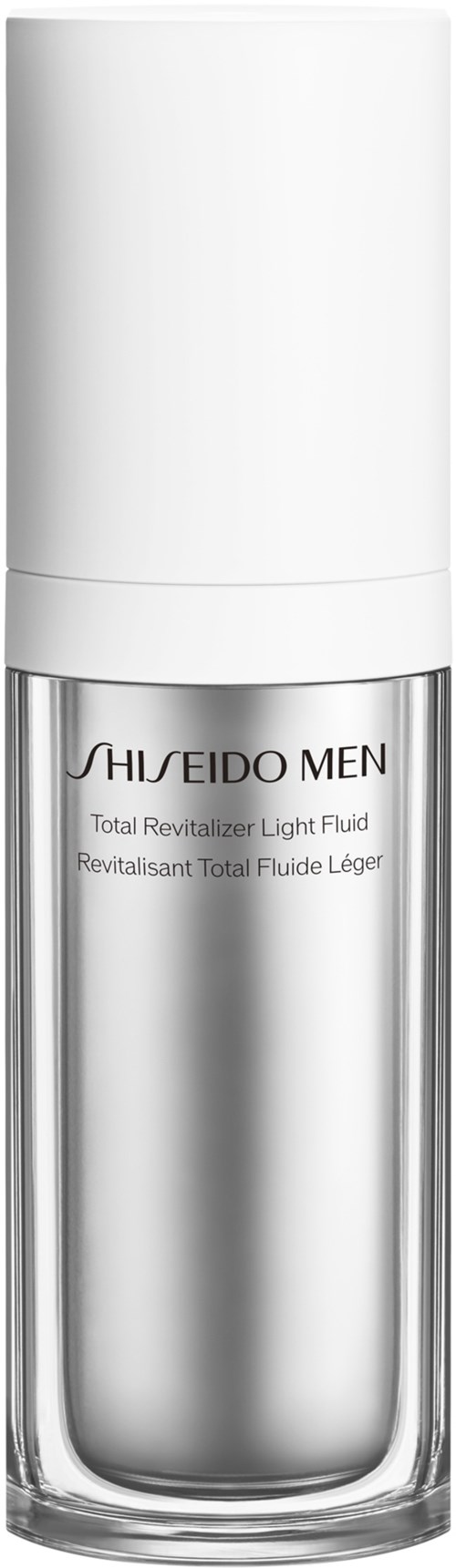 Een witte fles met een doorzichtige glazen binnenkant, gemarkeerd Shiseido Men Total Revitalizer Light Fluid.
