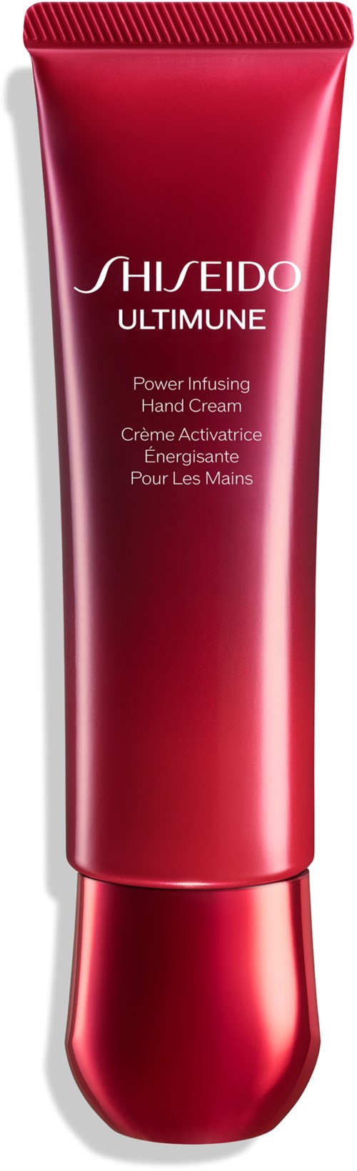 Punaiputki Shiseido Ultimune Power Infusing Hand Cream, jossa valkoinen teksti ja korkki.