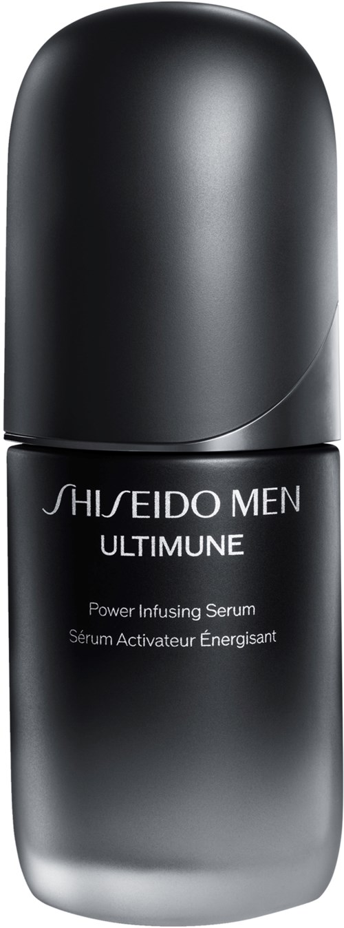 Schwarze Flasche mit Silberkappe, beschriftet Shiseido Men Ultimune Power Infusing Serum.