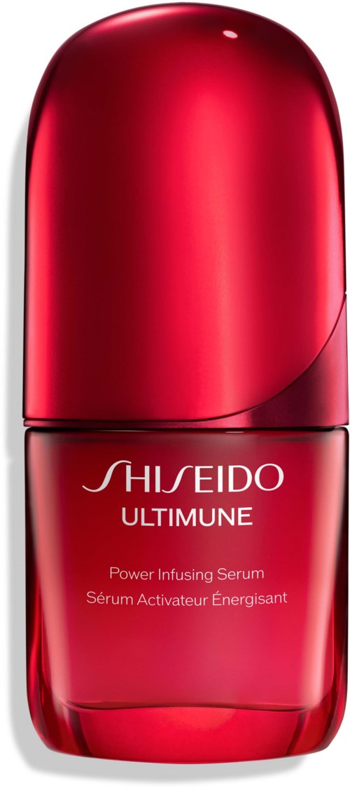 En röd flaska av Shiseido Ultimune Power Infusing Serum med elegant design och glänsande yta.
