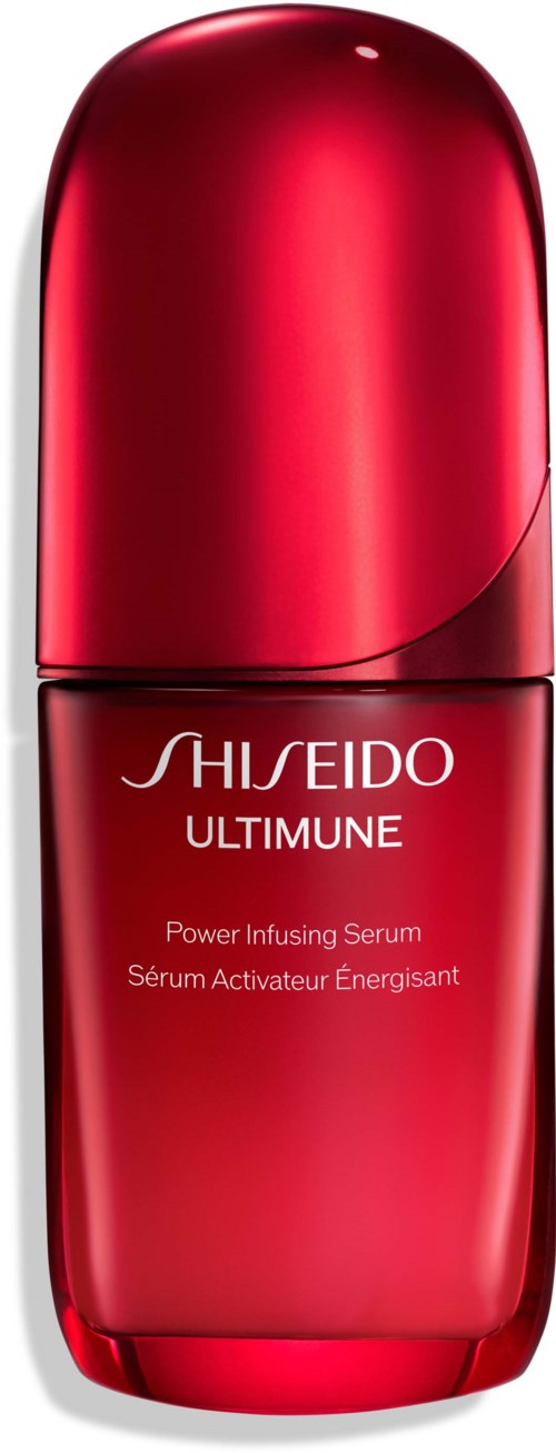 En röd flaska med Shiseido Ultimune Power Infusing Serum, har en slank design och glänsande yta.