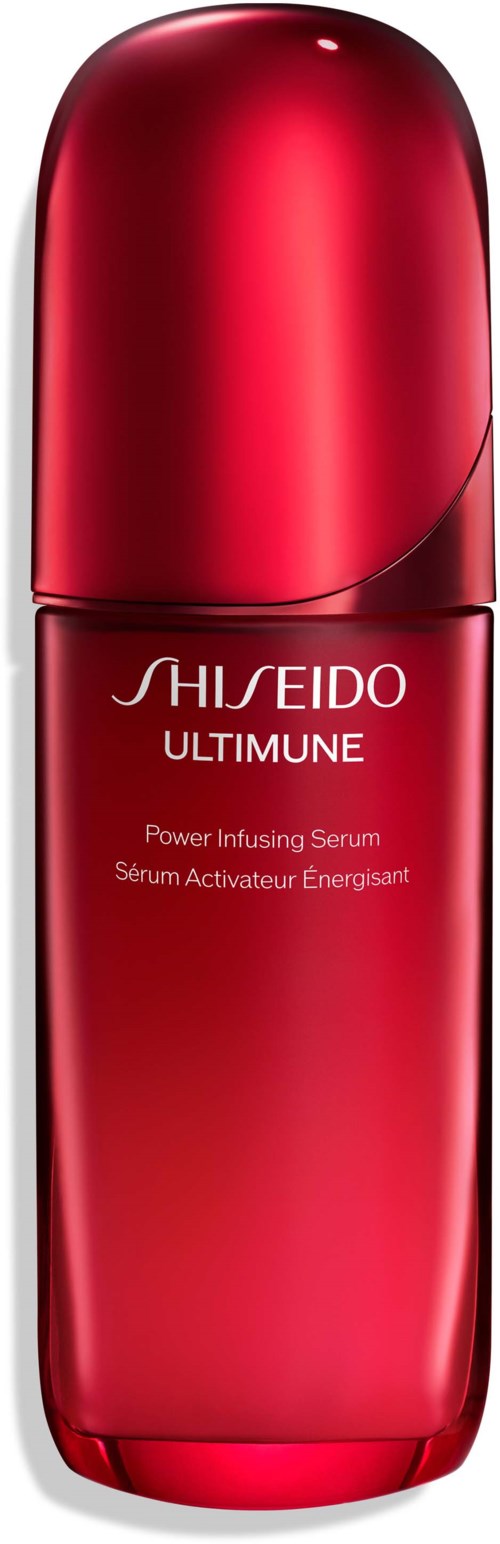 Röd flaska med en glänsande, kurvig lock, märkt som Shiseido Ultimune Power Infusing Serum.
