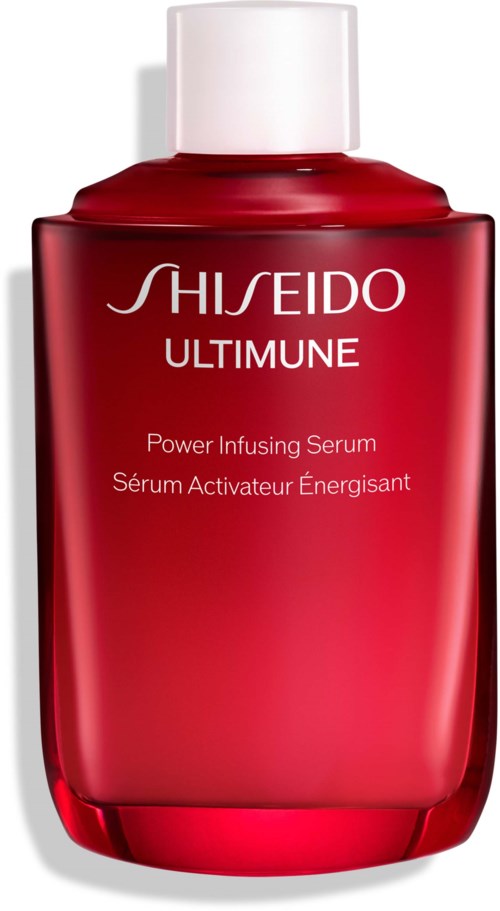 A red bottle with a white cap, labeled Shiseido Ultimune Power Infusing Serum.
