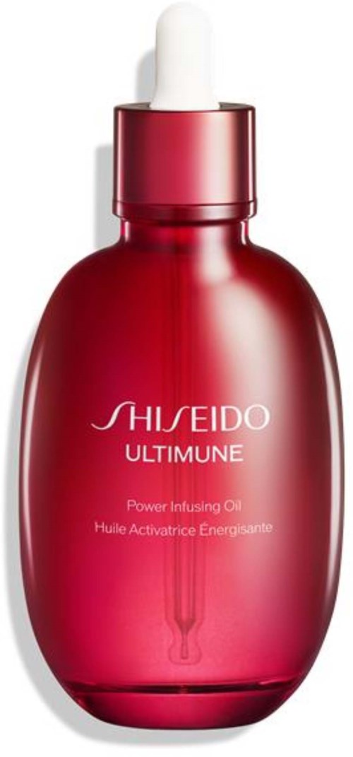 A red dropper bottle with white text, labeled Shiseido Ultimune Power Infusing Oil.