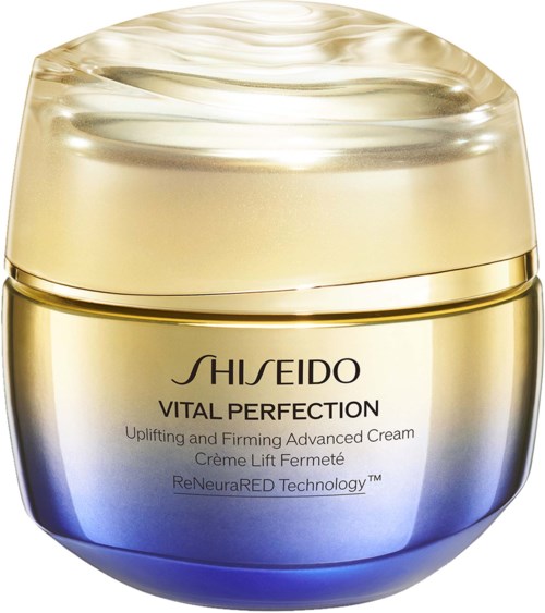 Złota i niebieska tubka kremu do twarzy Shiseido Vital Perfection z technologią liftingu i ujędrniania.