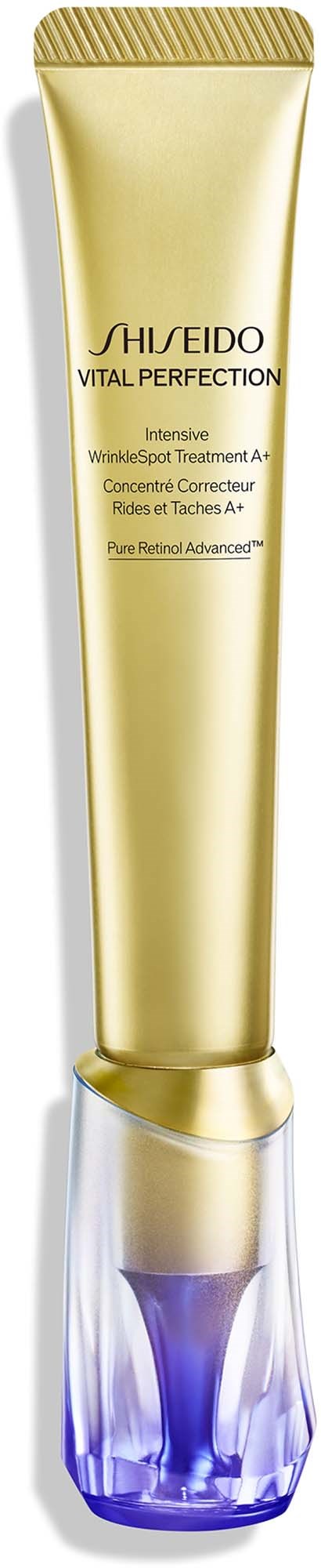 Złota rurka z fioletowym i srebrnym zamknięciem, oznaczona Shiseido Vital Perfection, zawiera produkt do pielęgnacji skóry.