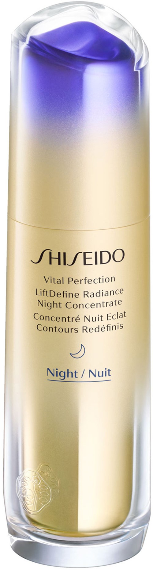 A gold-colored bottle with purple gel on top, labeled Shiseido Vital Perfection Night concentrate for skin.
