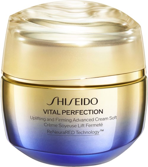 Ett guld- och blått krukformat Shiseido Vital Perfection kräm med ett guldlock.