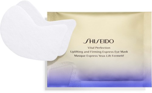 En vit ögonmask bredvid en box med Shiseido-ögonmasker, märkt som en spänst- och lyftande ögonmaskprodukt.