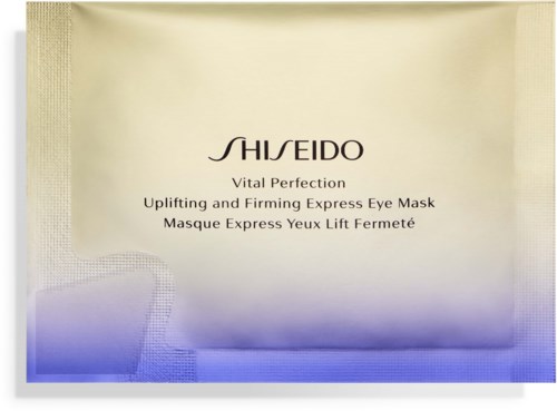 Ett krämfärgat paket för ett Shiseido ögonmask med text som visar att det hjälper till att lyfta och föryngra huden runt ögonen.