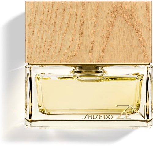 Een heldere parfumfles met lichtgekleurd vloeistof en een houten dop. Het merknaam is Shiseido.