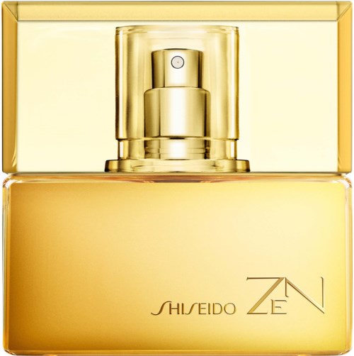En guldfärgad parfymflaska med spray och texten "SHISEIDO ZEN".