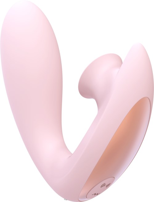 Ein rosa, gebogener, glatter Gegenstand mit einem kleinen runden Teil, wahrscheinlich ein persönliches Pflegegerät oder Spielzeug.
