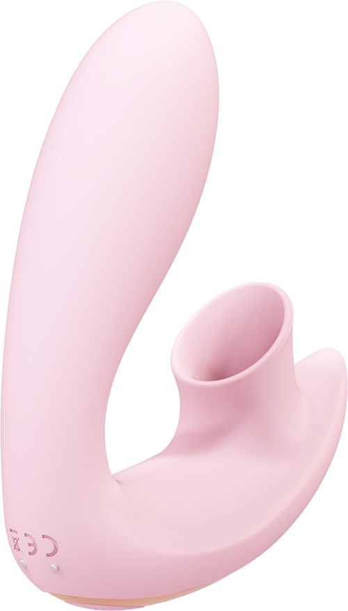 Ein hellrosa, gebogener Gegenstand mit einer Öffnung, ähnelt einem persönlichen Massagegerät. Einfaches Design.