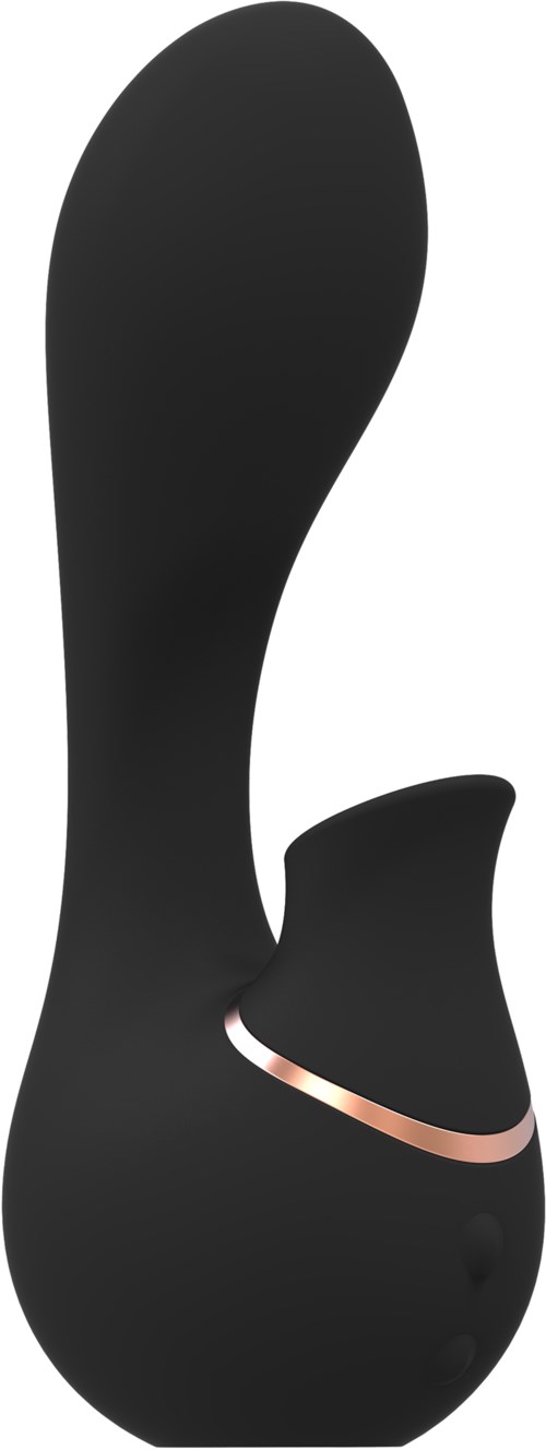 Ein schwarzes, gebogenes Gerät mit einem kleineren Anhang und einem leuchtenden Band in der Mitte.