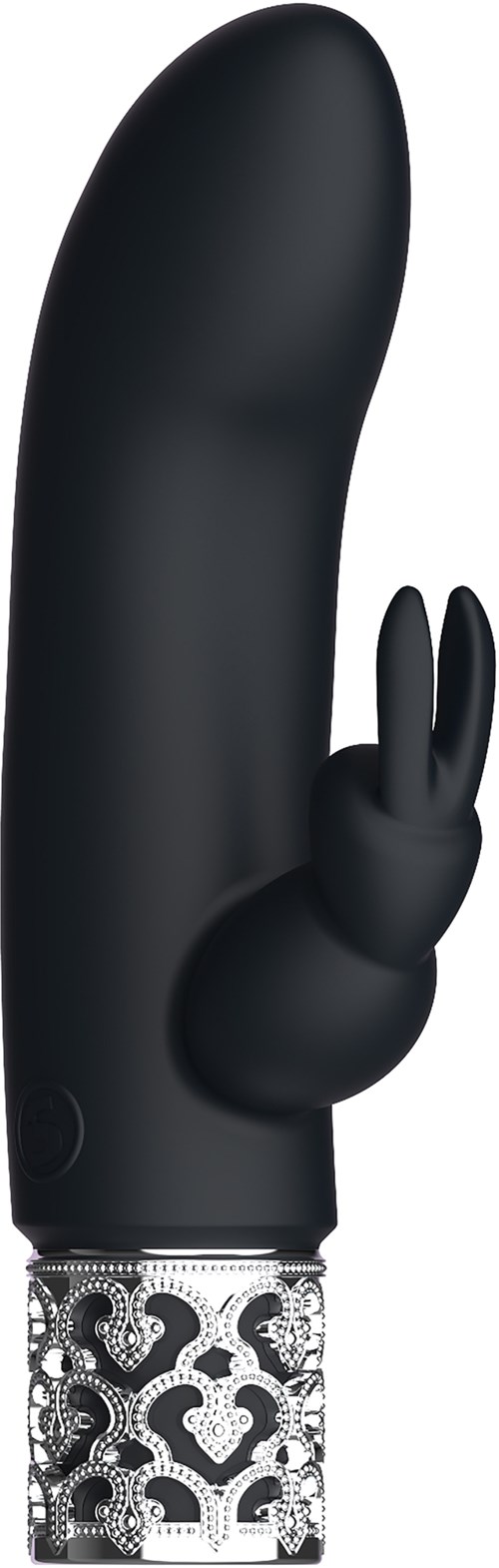 Ein schwarzes, gebogenes Objekt mit einer Hand, die ein Friedenszeichen zeigt, an einer verzierten Basis befestigt.